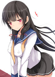Rule 34 | 10s, 1girl, black hair, black skirt, blush, breasts, covered erect nipples, hair ribbon, heart, isokaze (kancolle), kantai collection, large breasts, leaning forward, long hair, looking at viewer, no bra, pleated skirt, red eyes, ribbon, school uniform, serafuku, simple background, skirt, smile, solo, takeyuu, tress ribbon, v arms, white background