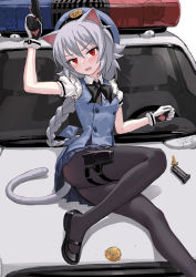 Rule 34 | 1girl, animal ears, beret, black bow, black bowtie, black footwear, black pantyhose, blouse, blue bow, blue skirt, blue vest, blush, bow, bowtie, braid, breasts, bullet, car, cartridge, cat ears, cat tail, commentary request, fang, fkey, gloves, gun, hair bow, handgun, hat, heart, highres, holding, holding gun, holding weapon, holster, long hair, looking at viewer, mary janes, motor vehicle, on vehicle, open mouth, original, pantyhose, pistol, pleated skirt, police car, ponytail, puffy short sleeves, puffy sleeves, red eyes, shirt, shoes, short sleeves, silver hair, simple background, single braid, skirt, small breasts, solo, tail, thigh holster, thighs, very long hair, vest, weapon, white background, white gloves, white shirt