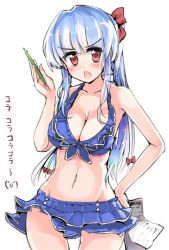 Rule 34 | 1girl, alternate costume, alternate hairstyle, blue hair, blue skirt, blush, bow, breasts, cleavage, clipboard, cowboy shot, cropped legs, hair bow, hand on own hip, hand up, kamishirasawa keine, large breasts, long hair, looking at viewer, microskirt, miniskirt, multicolored hair, navel, open mouth, pencil, ponytail, puuakachan, red eyes, revision, silver hair, simple background, skirt, solo, stomach, swimsuit, thigh gap, touhou, translation request, two-tone hair, white background