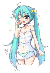 Rule 34 | 10s, 1girl, 2014, ama (monochrome works), aqua eyes, aqua hair, artist name, blush, dated, hatsune miku, long hair, md5 mismatch, mw ama, navel, one eye closed, open mouth, panties, resolution mismatch, see-through, solo, source larger, strap slip, striped clothes, striped panties, thighhighs, twintails, underwear, very long hair, vocaloid, white background, wink