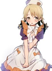 Rule 34 | 1girl, blonde hair, blush, bow, bright pupils, commentary request, dress, dress tug, embarrassed, fpanda, hand up, hat, highres, holding, idolmaster, idolmaster cinderella girls, idolmaster cinderella girls starlight stage, looking away, morikubo nono, nurse, nurse cap, open mouth, orange bow, puffy short sleeves, puffy sleeves, scalpel, scar, short hair, short sleeves, simple background, solo, tears, white background, white dress, yellow eyes