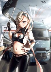 Rule 34 | 1girl, absurdres, alternate costume, belt, black gloves, black headband, black pants, blonde hair, blue eyes, breasts, brown belt, crop top, day, fritz614, gloves, hair between eyes, headband, highres, kantai collection, long hair, medium breasts, mole, mole under eye, mole under mouth, motor vehicle, outdoors, pants, richelieu (kancolle), solo, standing, truck, two-tone gloves, white gloves