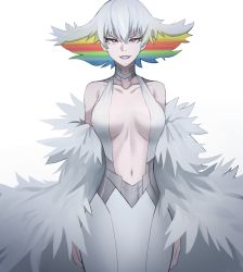 Rule 34 | 1girl, breasts, breasts apart, choker, cowboy shot, dress, fur trim, highres, jourd4n, kill la kill, kiryuuin ragyou, large breasts, lipstick, looking at viewer, makeup, multicolored hair, navel, parted lips, rainbow hair, red eyes, short hair, silver hair, simple background, smile, solo