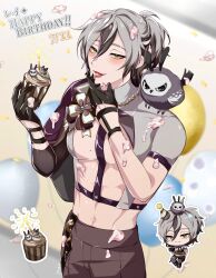 Rule 34 | 1boy, animal, animal on head, animal on shoulder, balloon, black hair, candle, chibi, chibi inset, cream, cream on arm, cream on body, cream on clothes, cream on face, cream on hip, cupcake, father (nu carnival), food, food on face, green eyes, grey hair, hair between eyes, happy birthday, hat, highres, holding, holding cupcake, icing, licking, licking icing, light blush, looking at viewer, male focus, mole, multicolored hair, nu carnival, on head, party hat, pectorals, rei (nu carnival), short hair, short ponytail, tongue, tongue out, whipped cream, yadome810