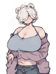 Rule 34 | 1girl, absurdres, animal ears, bear ears, blue pants, blush, bra, breasts, brown eyes, cleavage, closed mouth, cowboy shot, dated, grey bra, grey hair, grey jacket, hair over one eye, highres, huge breasts, jacket, long sleeves, looking at viewer, muroku (aimichiyo0526), navel, off shoulder, one eye covered, original, pants, short hair, signature, simple background, sketch, smile, solo, symbol-only commentary, underwear, white background