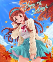 Rule 34 | 1girl, autumn leaves, blue hairband, blue skirt, blue sky, blush, breasts, brown eyes, brown hair, cardigan, cloud, cloudy sky, day, dot nose, falling leaves, floating hair, from below, goma konbu, hairband, hand up, happy birthday, highres, idolmaster, idolmaster million live!, idolmaster million live! theater days, leaf, long hair, long sleeves, looking at viewer, looking down, medium breasts, neck ribbon, open cardigan, open clothes, open mouth, outdoors, red ribbon, ribbon, shirt, skirt, sky, smile, solo, sunlight, tanaka kotoha, white shirt, yellow cardigan