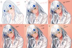 Rule 34 | blue hair, blush, collage, collage background, collarbone, english text, girls&#039; frontline, green eyes, hk416 (girls&#039; frontline), long hair, looking at viewer, mole, mole under eye, shirt, silence girl, smile, speech bubble, translated, white shirt