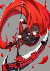 Rule 34 | 1girl, bakuma, black dress, black footwear, boots, brown hair, cloak, dress, highres, holding, holding scythe, holding weapon, knee boots, looking at viewer, multicolored hair, red cloak, red hair, red trim, ruby rose, rwby, scythe, short hair, smile, solo, streaked hair, weapon