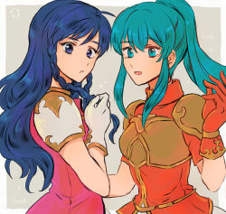 Rule 34 | 2girls, :d, ahoge, alternate hairstyle, aqua eyes, aqua hair, armor, armored dress, armored shirt, blouse, blue eyes, blue hair, blush, bracelet, braid, breastplate, breasts, character name, dress, earrings, eirika (fire emblem), female focus, fire emblem, fire emblem: the sacred stones, friends, from side, gloves, gold armor, grey background, hair between eyes, hair down, hairstyle switch, hand on own chest, hand up, jewelry, long hair, looking at viewer, looking to the side, matching hair/eyes, multiple girls, neck, neck ring, nintendo, noshima, open mouth, parted lips, pauldrons, princess, red dress, red gloves, red shirt, shirt, short sleeves, shoulder armor, sidelocks, simple background, small breasts, smile, star (symbol), tana (fire emblem), twin braids, upper body, white gloves