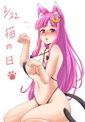 Rule 34 | 1girl, alternate costume, animal ear fluff, animal ears, bare legs, bikini, black bikini, blunt bangs, blush, breasts, cat ears, cat tail, cleavage, clenched hands, commentary, covered erect nipples, crescent, crescent hair ornament, criss-cross halter, embarrassed, eyelashes, hair ornament, halterneck, highres, kemonomimi mode, large breasts, lips, long hair, looking at viewer, midriff, navel, parted bangs, parted lips, patchouli knowledge, paw pose, purple hair, red eyes, shiraue yuu, sideboob, simple background, sitting, slingshot swimsuit, slit pupils, solo, sweatdrop, swimsuit, tail, thighs, touhou, translated, white background