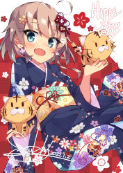 Rule 34 | 1girl, :d, ahoge, beritabo, black kimono, blue eyes, blush, brown flower, brown hair, checkered background, chinese zodiac, commentary request, earrings, fang, floral print, flower, flower earrings, hair flower, hair ornament, hands up, happy new year, highres, holding, japanese clothes, jewelry, kimono, long sleeves, looking at viewer, new year, obi, open mouth, original, print kimono, red background, sash, smile, solo, tiger, two-tone background, white background, wide sleeves, year of the tiger