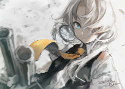 Rule 34 | 1girl, asymmetrical hair, black vest, cannon, commentary request, dated, dress shirt, flipped hair, grey eyes, kantai collection, looking at viewer, nowaki (kancolle), school uniform, shirt, signature, silver hair, solo, swept bangs, toka (marchlizard), upper body, vest, white shirt, yellow neckwear