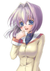 Rule 34 | 00s, 1girl, :d, blue eyes, breasts, clannad, fujibayashi ryou, large breasts, long sleeves, looking at viewer, open mouth, pink hair, sailor collar, school uniform, serafuku, simple background, smile, solo, tachibana koo, white background