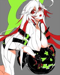 Rule 34 | 1girl, ahoge, breasts, cleavage, spiked halo, female focus, fingernails over gloves, gloves, grey background, guilty gear, guilty gear xrd, halo, jack-o&#039; valentine, large breasts, looking at viewer, oro (sumakaita), red eyes, red hair, simple background, sketch, solo, white hair