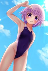 Rule 34 | 1girl, blue sky, choujigen game neptune, cloud, competition swimsuit, contrapposto, covered navel, eima, flat chest, highleg, highleg swimsuit, highres, looking at viewer, neptune (neptunia), neptune (series), one-piece swimsuit, purple eyes, purple hair, salute, short hair, sky, smile, solo, standing, swimsuit