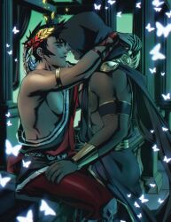 Rule 34 | 2boys, ancient greek clothes, armlet, black hair, black nails, bug, butterfly, column, dark-skinned male, dark skin, face-to-face, feet out of frame, gauntlets, glowing butterfly, greco-roman clothes, hades (series), hades 1, hand on another&#039;s neck, hand on another&#039;s thigh, highres, hood, hood up, imminent kiss, insect, laurel crown, light blush, male focus, multiple boys, muscular, muscular male, parted lips, pectorals, pillar, short hair, sidepec, single bare shoulder, single gauntlet, sitting, skull, thanatos (hades), zagreus (hades), zombiedaisuke