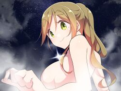 Rule 34 | 1girl, blonde hair, breasts, closed mouth, completely nude, fang, from side, green eyes, highres, inuyama aoi, large breasts, long hair, looking at viewer, night, night sky, nude, ponytail, signature, skin fang, sky, smile, solo, star (sky), starry sky, steam, swept bangs, thick eyebrows, upper body, yasu (pixiv), yurucamp