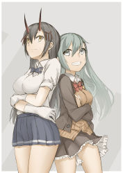 Rule 34 | 2girls, absurdres, aqua eyes, aqua hair, ascot, azur lane, black hair, blazer, blue bow, blue bowtie, blue skirt, bow, bowtie, brown jacket, brown skirt, button gap, cardigan, crossed arms, gloves, gradient background, grey background, hair between eyes, hair ornament, hairclip, highres, historical name connection, horns, jacket, kantai collection, long hair, multiple girls, name connection, no legwear, nonone (the9thxsheep), oni horns, open cardigan, open clothes, pleated skirt, purple neckwear, red bow, red bowtie, red horns, school uniform, shirt, shirt tucked in, single glove, skirt, suzuya (azur lane), suzuya (kancolle), suzuya kai ni (kancolle), sweatdrop, vest, white gloves, white shirt, yellow eyes