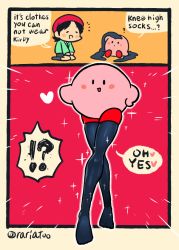 Rule 34 | !?, 1girl, adeleine, beanie, black thighhighs, blush stickers, comic, emphasis lines, english text, green shirt, hat, heart, kirby, kirby (series), kirby 64, long sleeves, nintendo, notice lines, rariatto (ganguri), shirt, smile, sparkle, thighhighs, twitter username