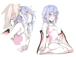 Rule 34 | 1boy, 1girl, asutora, bare legs, barefoot, biting, blue hair, blush, camisole, commentary, commentary request, demon wings, ear biting, holding hands, heart, hetero, implied sex, interlocked fingers, multiple views, partial commentary, petite, pink camisole, pointy ears, red eyes, remilia scarlet, short hair, simple background, thighs, touhou, translated, white background, wings