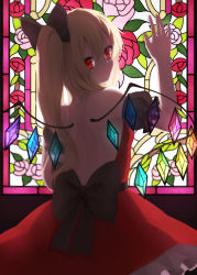 Rule 34 | 1girl, absurdres, alternate costume, arm up, back, backlighting, bad id, bad pixiv id, blonde hair, bow, crystal, dark, detached sleeves, dress, flandre scarlet, from behind, hair bow, highres, looking at viewer, looking back, puffy sleeves, red dress, red eyes, ribbon, sash, short sleeves, side ponytail, slit pupils, solo, squallea, stained glass, touhou, wings