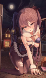 Rule 34 | 1girl, absurdres, adjusting clothes, alternate costume, ass, bat wings, bent over, black pantyhose, blurry, breasts, brown hair, building, candy, chupa chups, cleavage, commentary, crossed arms, depth of field, fake wings, fallen down, fangs, food, genshin impact, grey eyes, hair between eyes, hair ribbon, halloween, halloween costume, highres, jelly bean, kneeling, leotard, lollipop, long hair, looking away, medium breasts, mona (genshin impact), night, night sky, pantyhose, ribbon, scrunchie, sidelocks, sky, sleeveless, solo, symbol-shaped pupils, tem, torn clothes, torn pantyhose, twintails, window, wings, wrist scrunchie