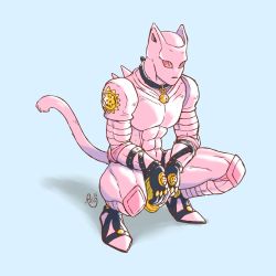 Rule 34 | abs, bad id, bad twitter id, bell, cat tail, collar, full body, highres, jingle bell, jojo no kimyou na bouken, killer queen, no humans, raiphen, shadow, signature, solo, squatting, stand (jojo), tail
