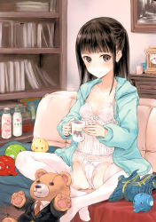 Rule 34 | 1girl, absurdres, bad id, black eyes, black hair, bow, bow panties, breasts, camisole, coffee, cup, elephant, fujita hidetoshi, highres, hood, hoodie, lace, lace-trimmed panties, lace trim, lingerie, long hair, mug, no pants, no shoes, open clothes, open hoodie, original, panties, sitting, small breasts, solo, stuffed animal, stuffed toy, teddy bear, thighhighs, underwear, white panties, white thighhighs, yume no kakera