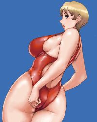 Rule 34 | 1girl, ass, backboob, blonde hair, blue background, blue eyes, breasts, competition swimsuit, huge ass, large breasts, lowres, matoyama, oekaki, one-piece swimsuit, red one-piece swimsuit, short hair, sideboob, solo, swimsuit