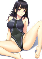 Rule 34 | 1girl, barefoot, black hair, black one-piece swimsuit, blunt bangs, breasts, unworn clothes, competition swimsuit, covered erect nipples, highleg, highleg swimsuit, highres, kuri (kurigohan), long hair, looking at viewer, m legs, medium breasts, one-piece swimsuit, original, red eyes, simple background, sitting, solo, speedo (company), spread legs, swimsuit, white background