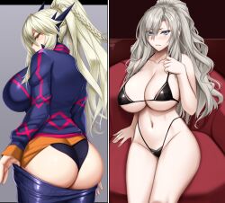 Rule 34 | 2girls, akitsuki karasu, artoria pendragon (fate), artoria pendragon (lancer alter) (fate), artoria pendragon (lancer alter) (traveling outfit) (fate), ass, bikini, black bikini, blonde hair, blue eyes, blush, breasts, chair, cleavage, closed mouth, clothes pull, commission, eyes visible through hair, fate/grand order, fate (series), frown, grey background, grey hair, hair between eyes, highres, horns, indoors, jacket, kriemhild (fate), large breasts, long hair, looking at viewer, looking back, mole, mole under eye, multiple girls, navel, pants, pants pull, ponytail, sitting, skeb commission, swimsuit, underwear, yellow eyes