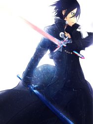 Rule 34 | 10s, 1boy, artist request, black hair, dual wielding, fingerless gloves, gloves, high collar, highres, holding, kirito, long coat, male focus, simple background, solo, sword, sword art online, weapon, white background, yellow eyes