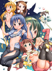 Rule 34 | 6+girls, :d, :o, :p, ahoge, amami haruka, art brush, bell, bikini, black thighhighs, blonde hair, blue hair, blush, boots, bow, breasts, brown eyes, brown hair, crescent, crescent moon, elbow gloves, gloves, green eyes, green hair, hair bow, hairband, heart, highres, hoshii miki, idolmaster, idolmaster (classic), ink, kisaragi chihaya, loafers, long hair, looking back, medium breasts, minase iori, mole, mole under mouth, moon, multiple girls, navel, one eye closed, open mouth, otonashi kotori, paint, paintbrush, palette (object), red eyes, shoes, short hair, skirt, small breasts, smile, star (symbol), swimsuit, takasaka donten, takatsuki yayoi, thighhighs, tongue, tongue out, torn clothes, twintails, underboob, wink