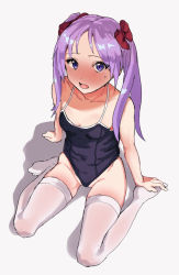 Rule 34 | 1girl, bad id, bad pixiv id, blue one-piece swimsuit, blush, bow, breasts, covered navel, hair bow, highres, hiiragi kagami, inchore, long hair, lucky star, navel, one-piece swimsuit, one eye closed, open mouth, purple eyes, purple hair, red bow, school swimsuit, sketch, small breasts, solo, swimsuit, thighhighs, twintails, water, white thighhighs