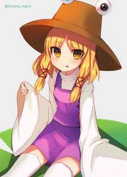 Rule 34 | 1girl, :p, absurdres, blonde hair, blush, grey background, hat, highres, long sleeves, looking at viewer, marota, moriya suwako, short hair, simple background, sitting, sleeves past wrists, solo, thighhighs, tongue, tongue out, touhou, twitter username, white thighhighs, wide sleeves, yellow eyes