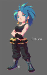 Rule 34 | 1girl, a-ka, blue eyes, blue hair, boots, crop top, earrings, gloves, jewelry, leona heidern, long hair, matching hair/eyes, midriff, navel, pants, ponytail, snk, solo, tank top, the king of fighters, the king of fighters xiii