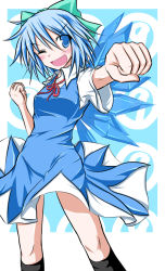 Rule 34 | circled 9, 1girl, bad id, bad pixiv id, blue eyes, blue hair, bow, cirno, clenched hand, clenched hands, dress, fang, hair bow, ice, kirino souya, matching hair/eyes, one eye closed, open mouth, phantasmagoria of flower view, short hair, solo, souya, touhou, wings, wink