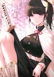 Rule 34 | 1girl, absurdres, belt, belt buckle, black hair, black jacket, black skirt, blurry, blurry background, buckle, butterfly hair ornament, cape, closed mouth, flower, hair ornament, highres, holding, holding sheath, holding sword, holding weapon, jacket, kimetsu no yaiba, long sleeves, looking at viewer, medium skirt, military, military jacket, military uniform, pink eyes, pink flower, popcat (jung5u), sheath, sheathed, short hair, side ponytail, sitting, skirt, smile, solo, sword, tsuyuri kanao, uniform, weapon, white belt, white cape, wisteria