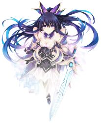 Rule 34 | 10s, 1girl, armor, armored dress, breasts, choker, cleavage, date a live, dress, gloves, holding, holding weapon, long hair, looking at viewer, looking up, pauldrons, purple eyes, purple hair, shoulder armor, simple background, solo, sword, tsunako, weapon, yatogami tooka
