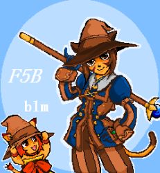 Rule 34 | 00s, :d, androgynous, black mage (final fantasy), blue background, cat, contrapposto, cowboy shot, creature, final fantasy, final fantasy xi, gem, gender request, ginyaa, hat, holding, kitten, looking at viewer, lowres, mithra (ff11), open mouth, orb, simple background, smile, staff, standing, witch hat