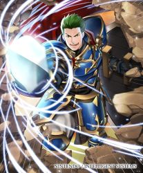 Rule 34 | 1boy, armor, copyright name, draug (fire emblem), fire emblem, fire emblem: mystery of the emblem, fire emblem cipher, gloves, green eyes, green hair, male focus, nintendo, official art, open mouth, polearm, rock, shield, solo, spear, teeth, weapon