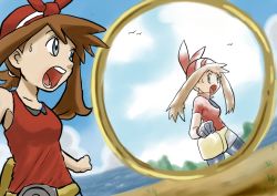 Rule 34 | 00s, 10s, 2girls, armpits, bandana, bike shorts, bird, blue eyes, brown hair, cloud, collarbone, creatures (company), different reflection, dual persona, fanny pack, game freak, gasp, grass, hair ribbon, long hair, looking at mirror, may (pokemon), may (pokemon oras), mirror, multiple girls, nintendo, ocean, open mouth, outdoors, pokemon, pokemon oras, pokemon rse, portal (object), reflection, regigigass, ribbon, sky, standing, surprised, sweat, two side up, water