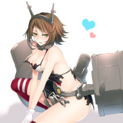 Rule 34 | 10s, 1girl, anchor, brown hair, gloves, green eyes, hairband, heart, highres, kantai collection, machinery, mutsu (kancolle), no panties, open mouth, personification, short hair, sitting, solo, thighhighs, tokikane mikan, torn clothes