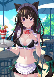 Rule 34 | 1girl, animal ears, apron, bikini, black bikini, black skirt, blush, bow, breasts, brown hair, cat ears, cat tail, cleavage, coconat summer, collarbone, day, food, fruit, green bow, highres, holding, long hair, maid, maid apron, maid bikini, maid headdress, medium breasts, navel, original, outdoors, purple eyes, red ribbon, ribbon, skirt, solo, strawberry, swimsuit, table, tail, tail bow, tail ornament, unconventional maid, white apron