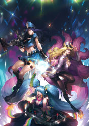 Rule 34 | 3girls, ahri (league of legends), alternate costume, alternate hairstyle, animal ears, aqua hair, arcade sona, bare shoulders, belt, black footwear, blonde hair, blue eyes, blue hair, boots, breasts, caitlyn (league of legends), cleavage, detached sleeves, dixneuf, facial mark, female focus, fingerless gloves, fox ears, fox tail, gloves, gradient hair, gun, happy, hat, high heels, idol, instrument, jacket, jewelry, kitsune mimi, knee boots, large breasts, league of legends, pantyhose under shorts, long hair, looking at viewer, magic, midriff, multicolored hair, multiple girls, multiple tails, navel, officer caitlyn, open mouth, pantyhose, popstar ahri, purple hair, rifle, shorts, skirt, smile, sona (league of legends), tail, thighhighs, twintails, uniform, very long hair, weapon, whisker markings, yellow eyes