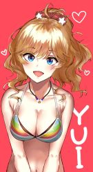 Rule 34 | 1girl, :d, antenna hair, bare shoulders, bikini, blue eyes, blush, breasts, brown hair, character name, cleavage, commentary, hair between eyes, idolmaster, idolmaster cinderella girls, jewelry, large breasts, looking at viewer, moruchi (rinaka moruchi), navel, necklace, ohtsuki yui, open mouth, red background, short hair, simple background, smile, solo, stomach, swimsuit, upper body