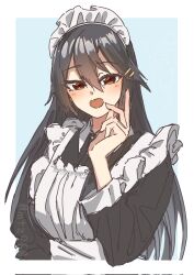Rule 34 | 1girl, alternate costume, apron, black dress, black hair, blue background, brown eyes, dress, enmaided, frilled apron, frills, hair ornament, hairclip, haruna (kancolle), highres, kantai collection, long hair, looking at viewer, maid, maid headdress, mochizou, solo, two-tone background, upper body, white apron