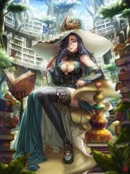 Rule 34 | 1girl, black thighhighs, book, bookshelf, box (hotpppink), breasts, cleavage, commentary request, detached sleeves, dress, full body, glasses, grey hair, hair over one eye, hat, large breasts, long dress, long hair, looking at viewer, open book, original, purple eyes, sitting, solo, thighhighs, witch