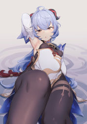 Rule 34 | 1girl, :o, ahoge, armpits, bee (deadflow), bell, black bodysuit, blue hair, bodysuit, breasts, brown eyes, covered erect nipples, cowbell, detached sleeves, dress, ganyu (genshin impact), genshin impact, grey background, hair between eyes, hand on own chest, highres, horns, long hair, open mouth, simple background, small breasts, solo, tassel, thighs