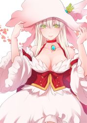 Rule 34 | 1girl, absurdres, blonde hair, bow, breasts, choker, closed mouth, colored eyelashes, commentary request, corset, cowboy shot, detached sleeves, dress, eyes visible through hair, frilled dress, frilled sleeves, frills, gem, green eyes, hair between eyes, hat, highres, long hair, looking at viewer, manoji, medium breasts, official alternate costume, pink hat, ragnarok online, red bow, sidelocks, sleeveless, sleeveless dress, smile, solo, wanderer (ragnarok online), white dress, white sleeves, wide sleeves